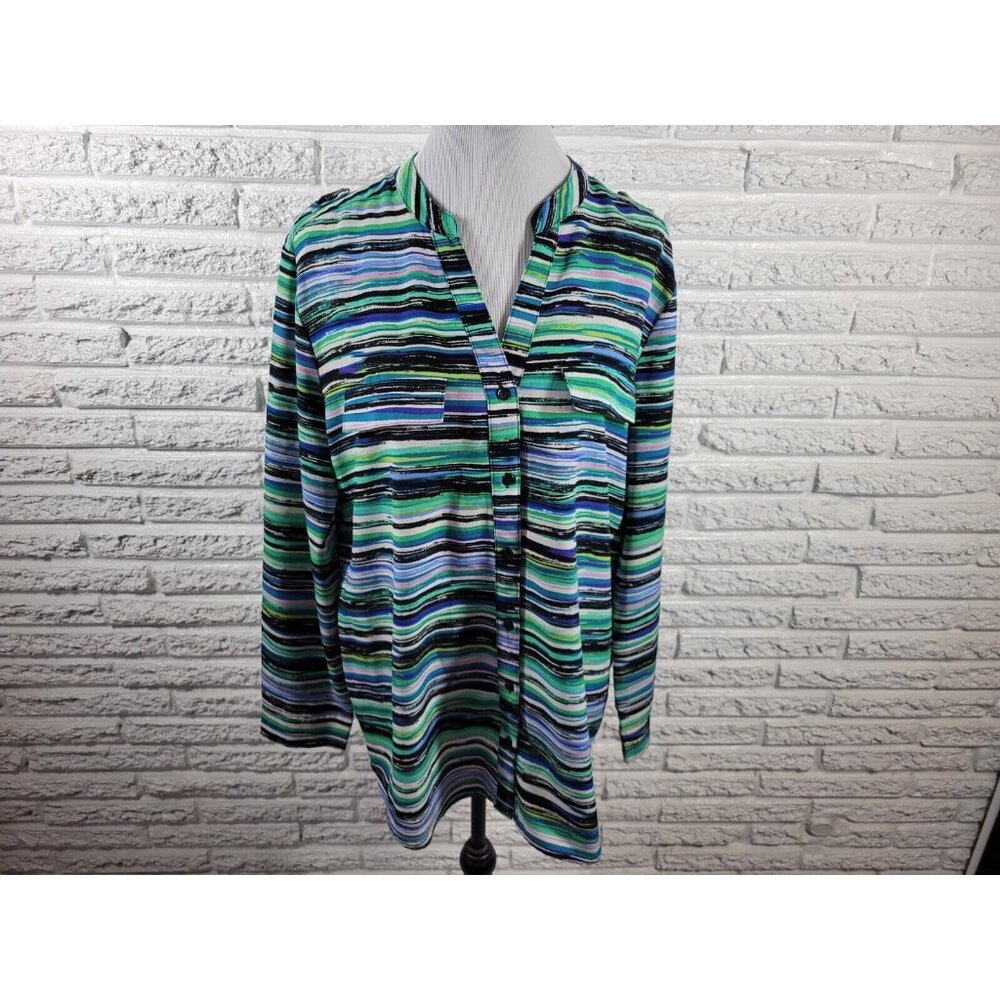 Coral Bay Womens XL Blue Watercolor Stripe V-Neck Roll Tab Sleeve Button WAT92E